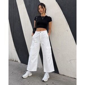 Roxy Chloe Kim Collab White Wide Leg Cargo Pants XL Y2K Utility Streetwear